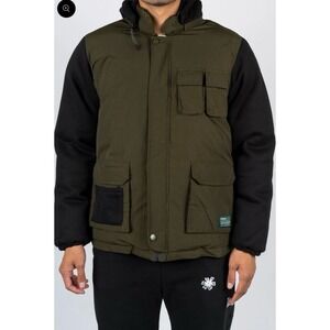 Afield Out Resource Utility Down Jacket Mens Large Green Black Hooded Outdoor